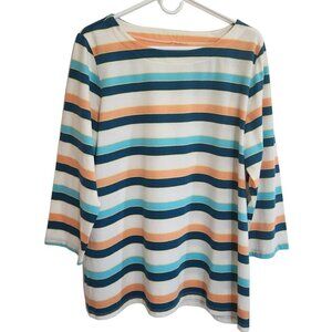 NEW St. John's Bay 3/4 Sleeve Boatneck Top in Teal Aqua Coral Stripes Si…